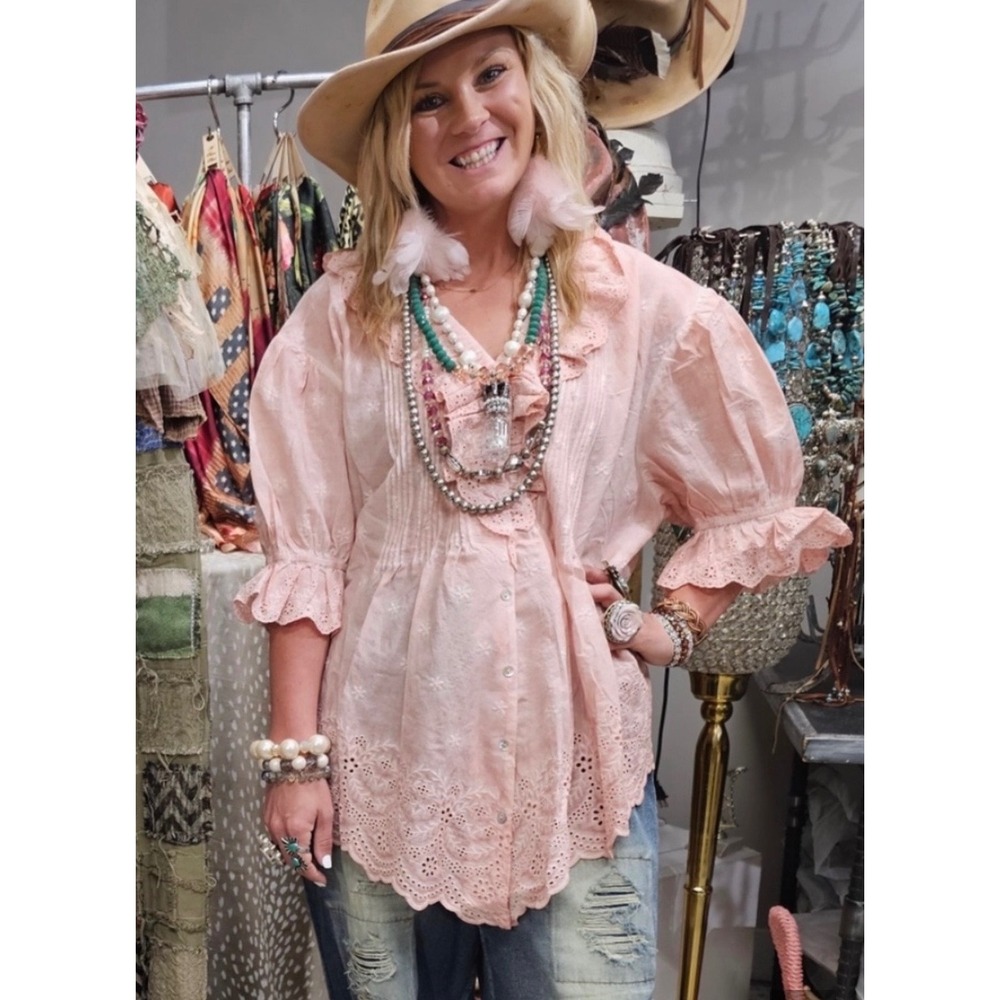 A Rare Bird Pink Cotton Eyelet Lace Ruffle Peasant Boho Blouse Top O/S NWT